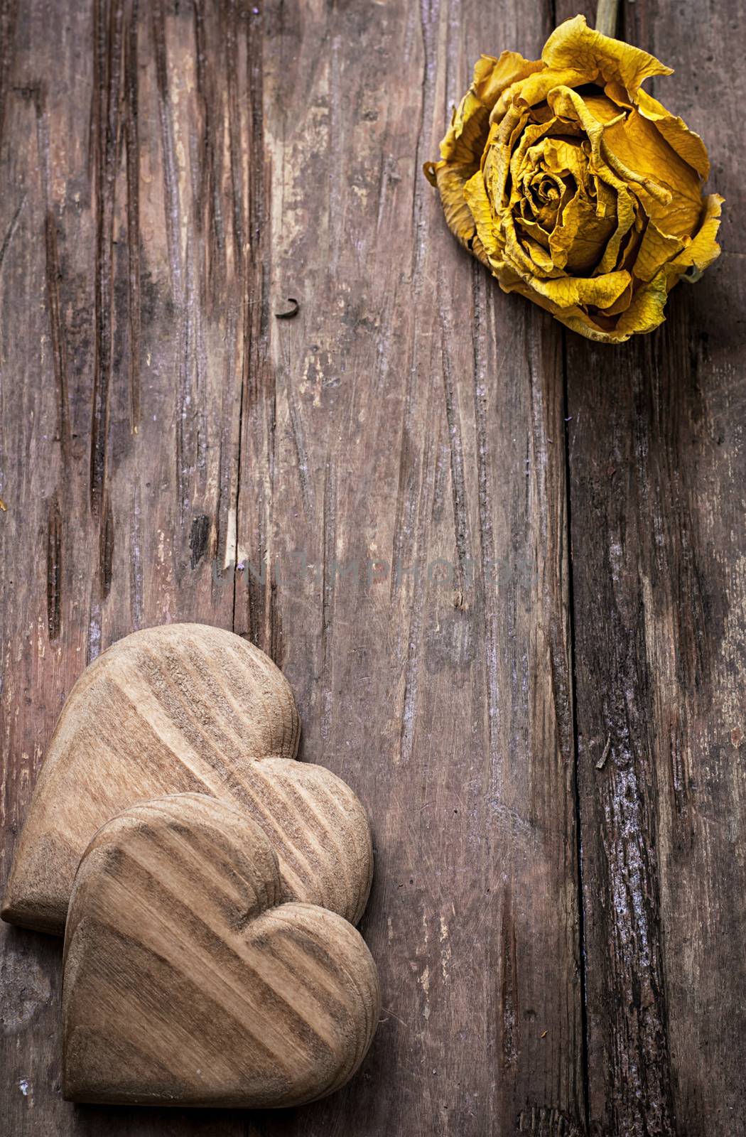 hand-carved symbolic wooden heart on a background of yellow roses