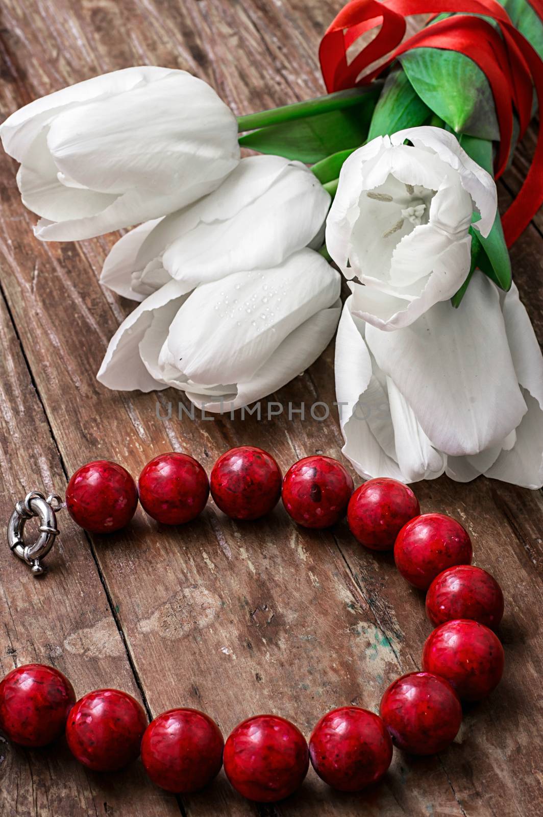 tulips and womens coral beads by LMykola