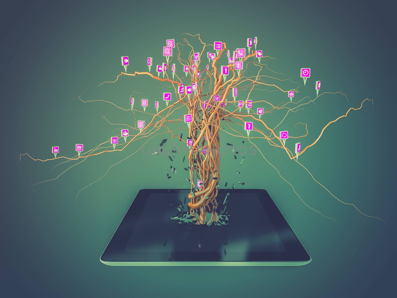 Social media icons set on the root growing out of laptop. by teerawit