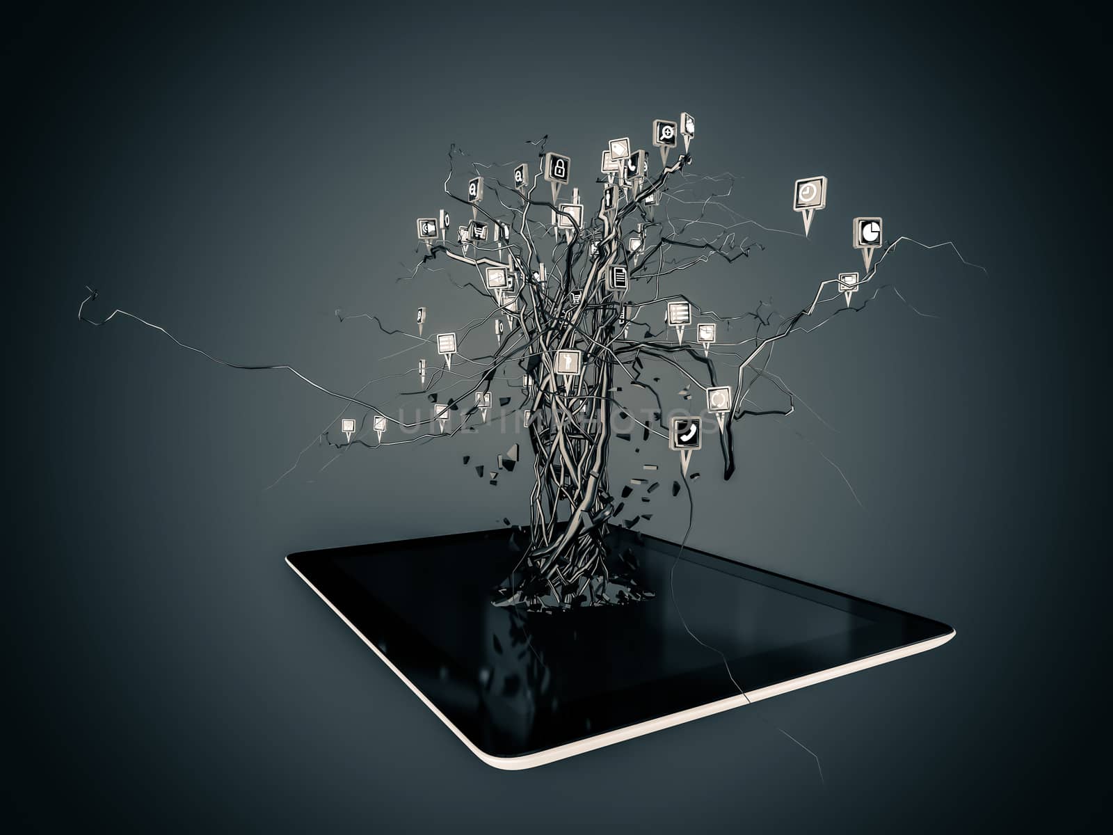 Social media icons set in tree shape on Modern black tablet pc, concept