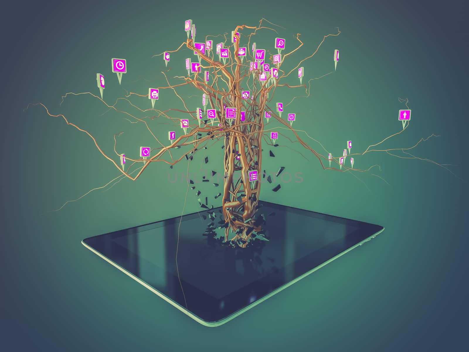 Social media icons set in tree shape on Modern black tablet pc. by teerawit