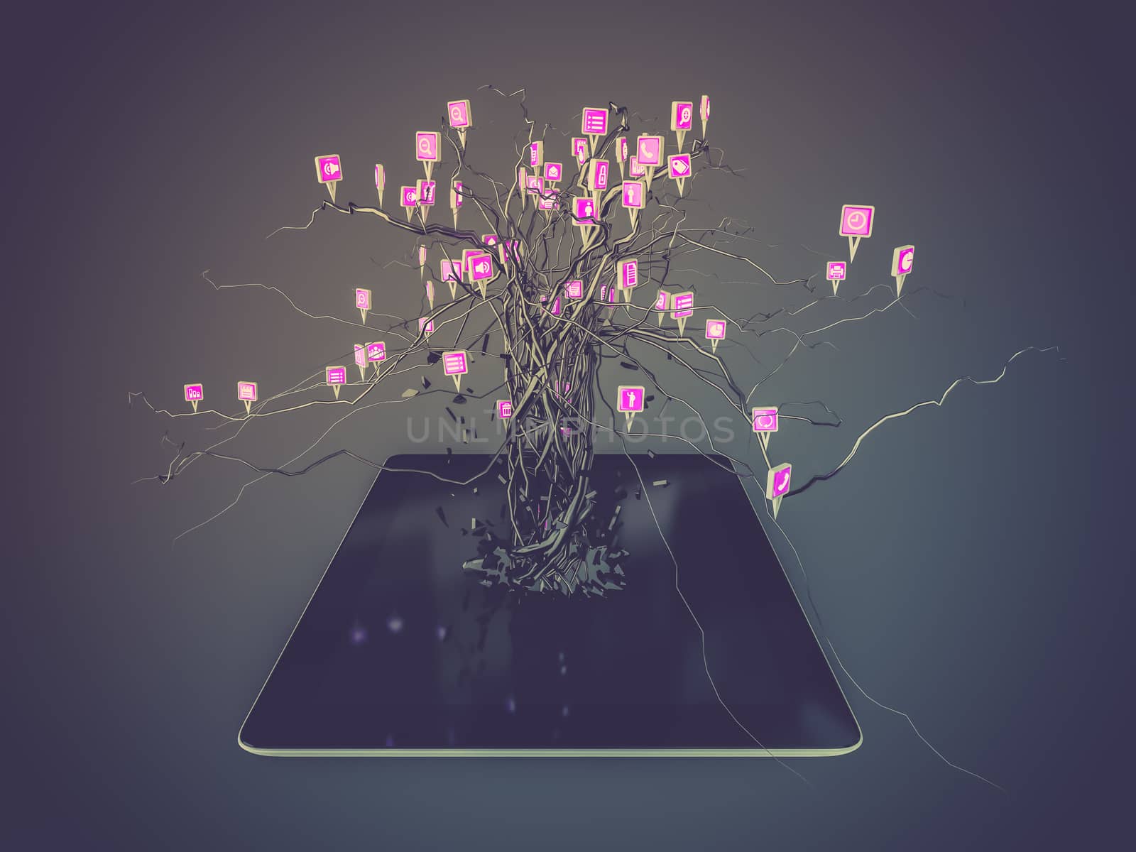 Social media icons set in tree shape on Modern black tablet pc, concept