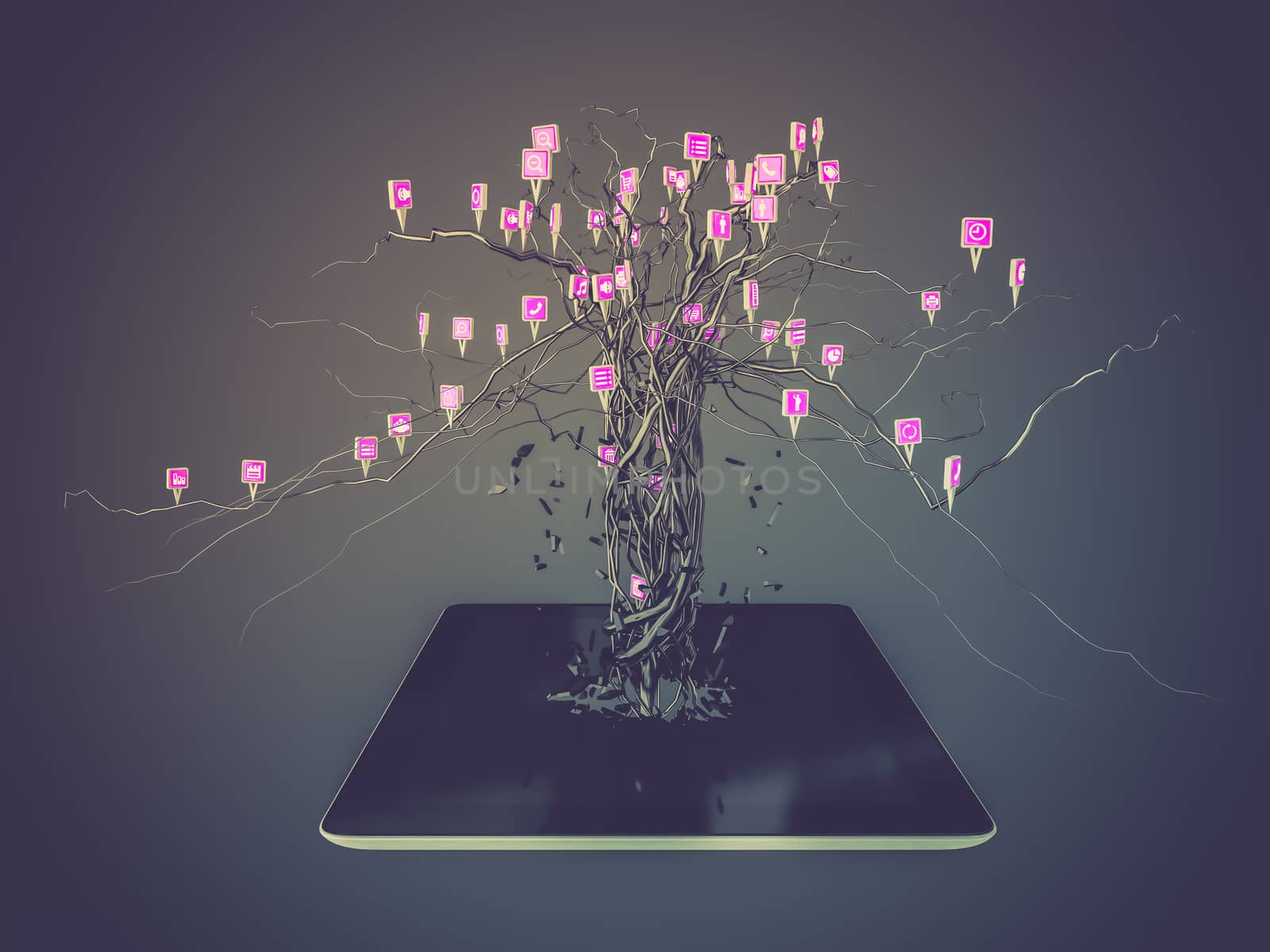 Social media icons set in tree shape on Modern black tablet pc. by teerawit