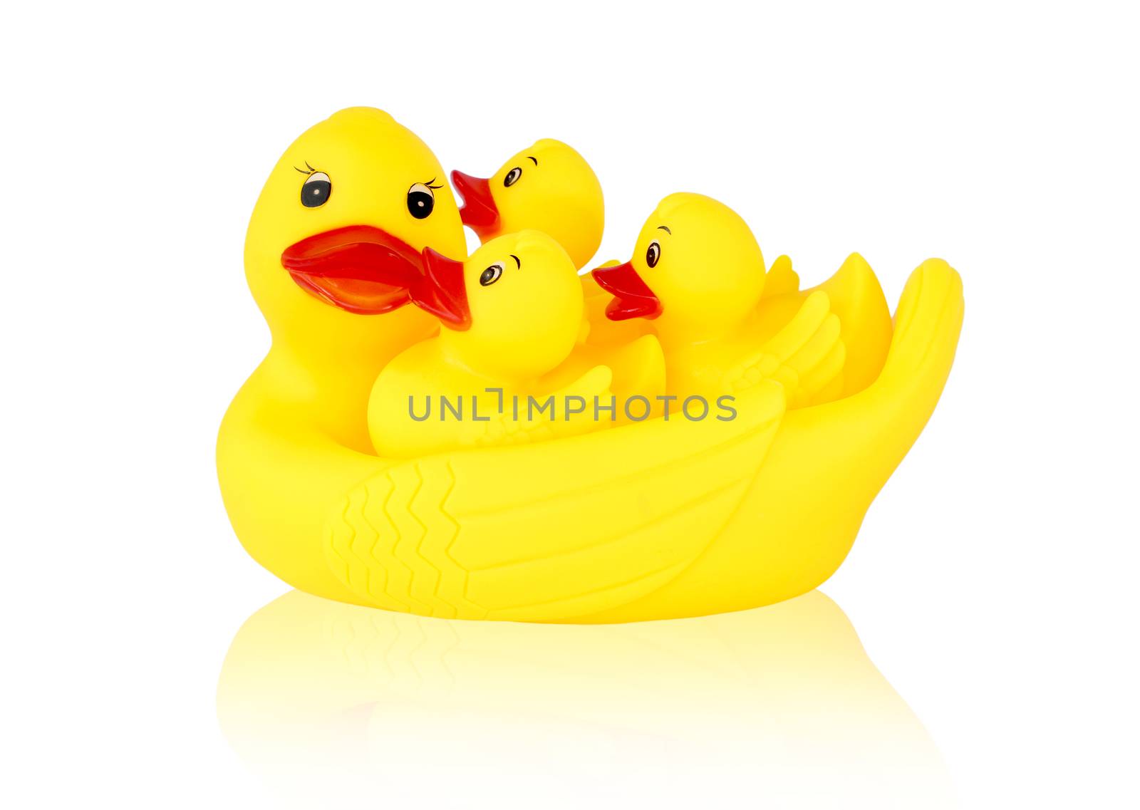 Image of yellow mother duck rubber and ducklings rubber isolated on white background