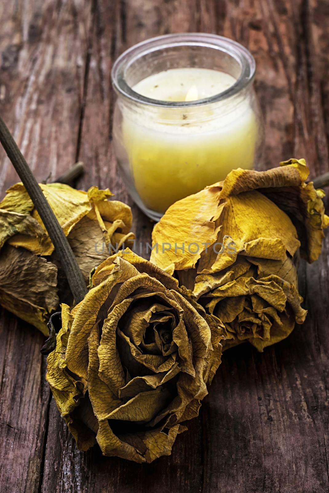 hand-carved symbolic  candle wax on background of yellow roses