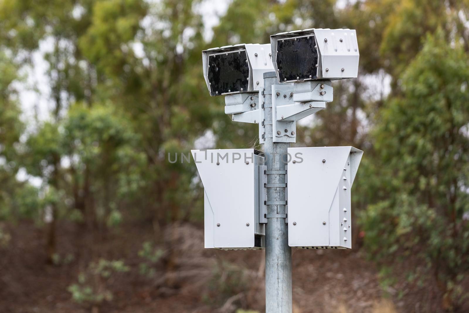 MELBOURNEAUSTRALIA - FEBRUARY 2: Closeup of a Speed Camera / Safety Camera situated on a freeway on the outskirts of Melbourne, Australia.