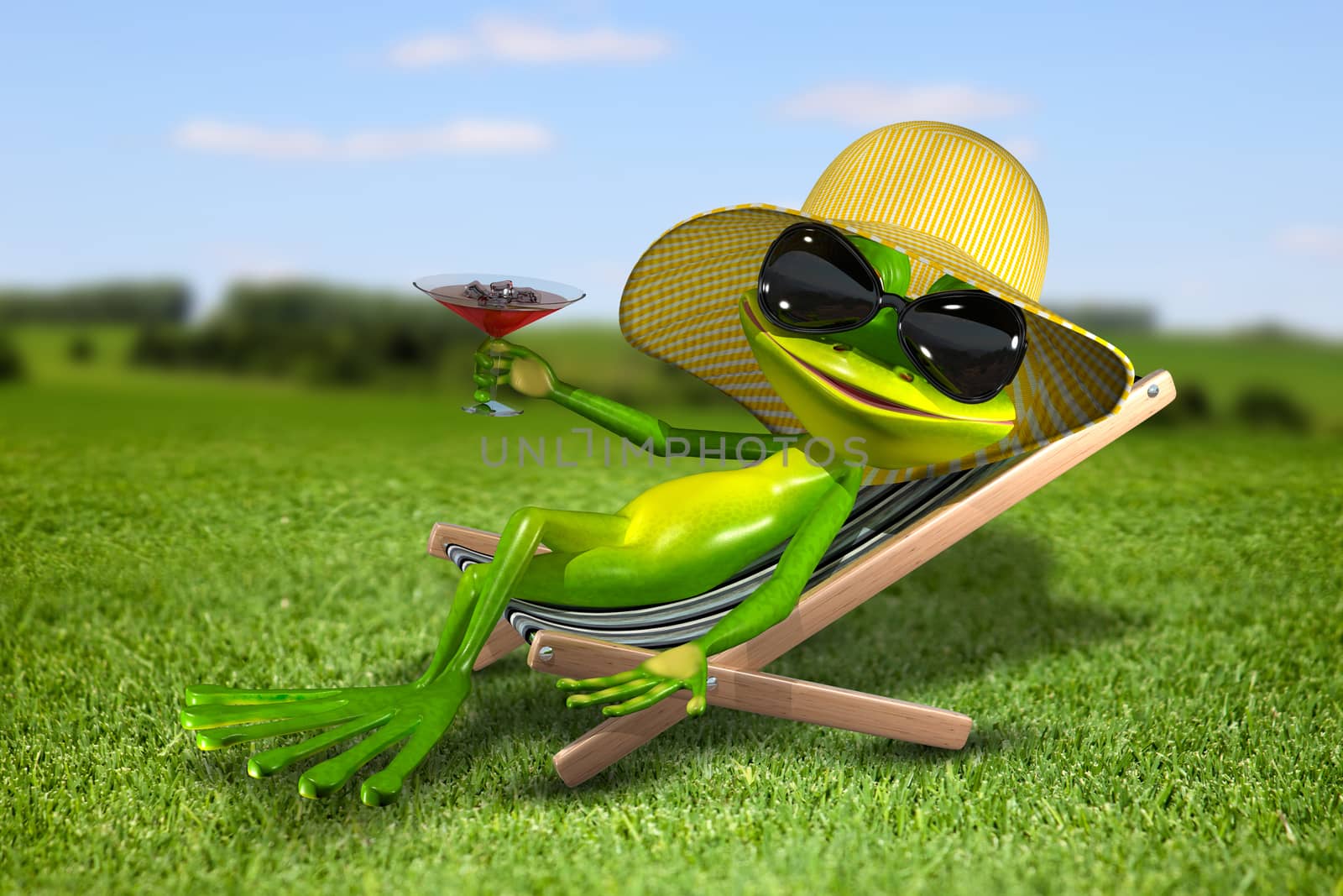 Frog in a deck chair on the grass by brux