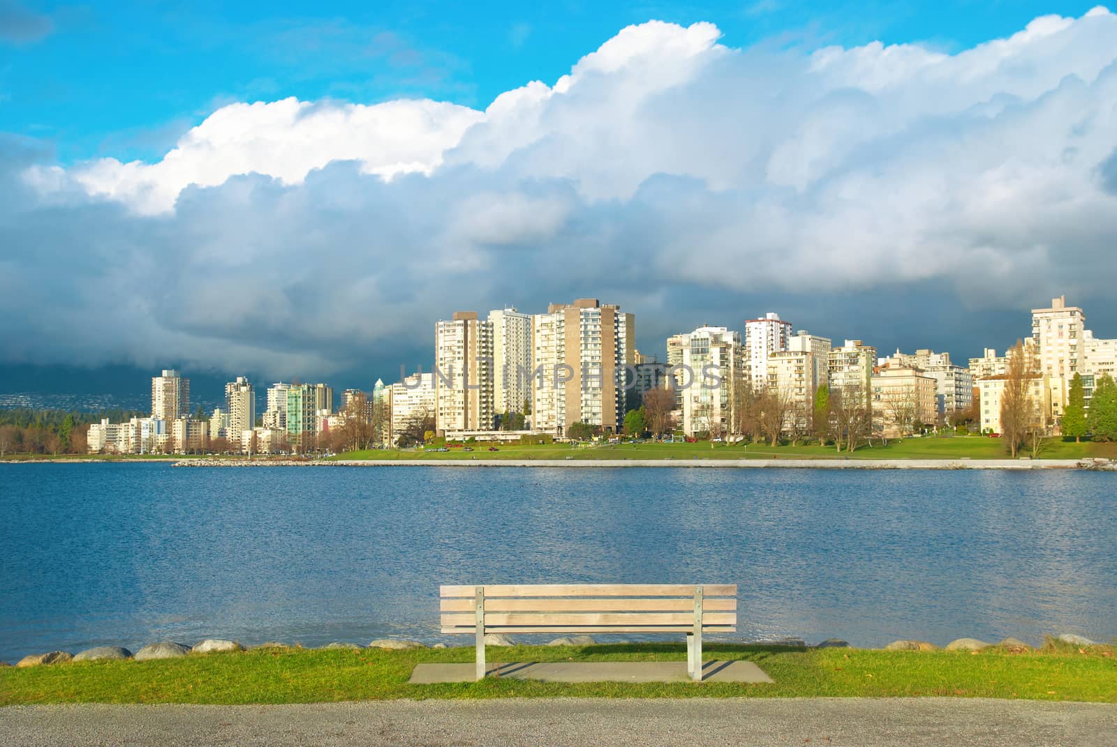 Bench in the green park near sea front with skyscrapers on the background. Vancouver, Canada.