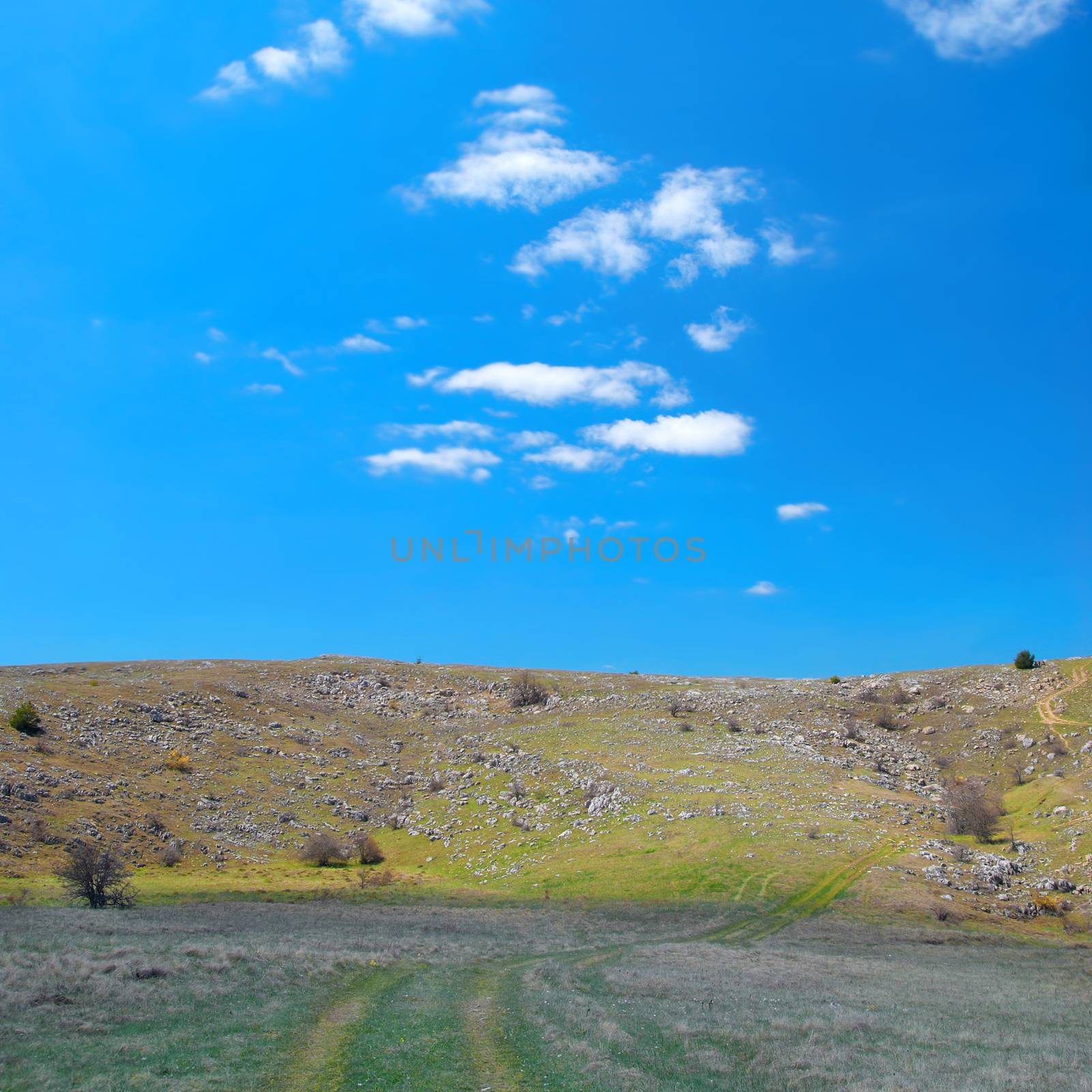 Road through the hills with cloudscape and blue sky. Sunny landscape.