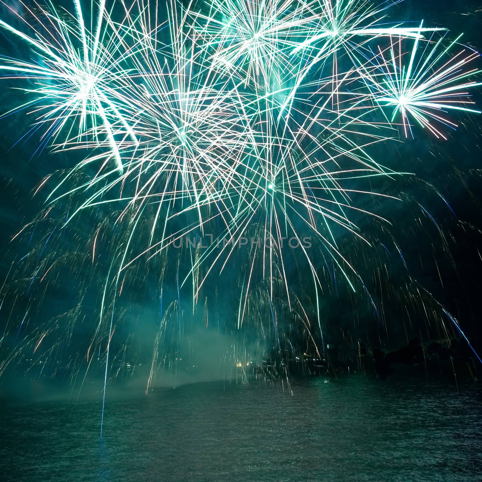 Green colorful fireworks on the black sky background. Holiday celebration.