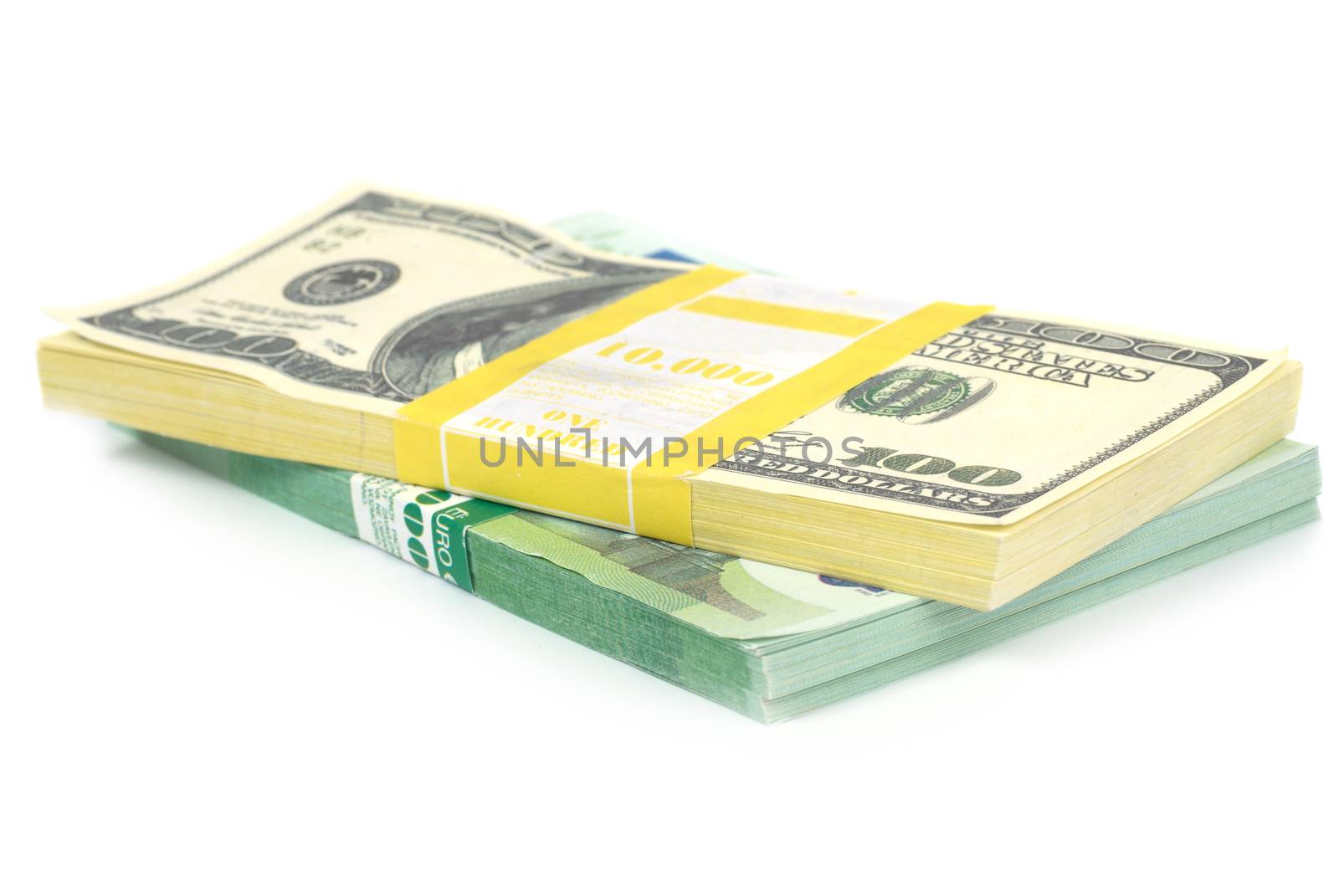 Stack of money- cash of US dollars and euros isolated on white background