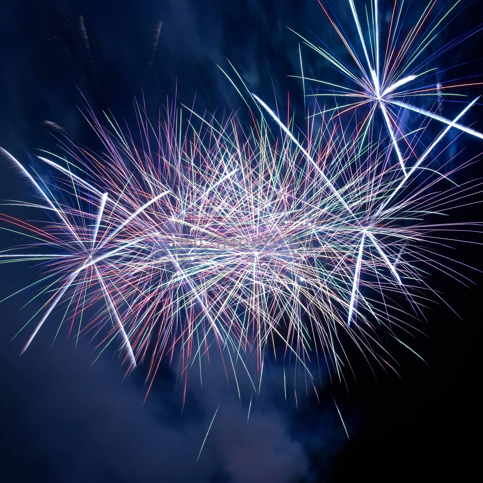 Blue colorful fireworks on the black sky background. Holiday celebration.