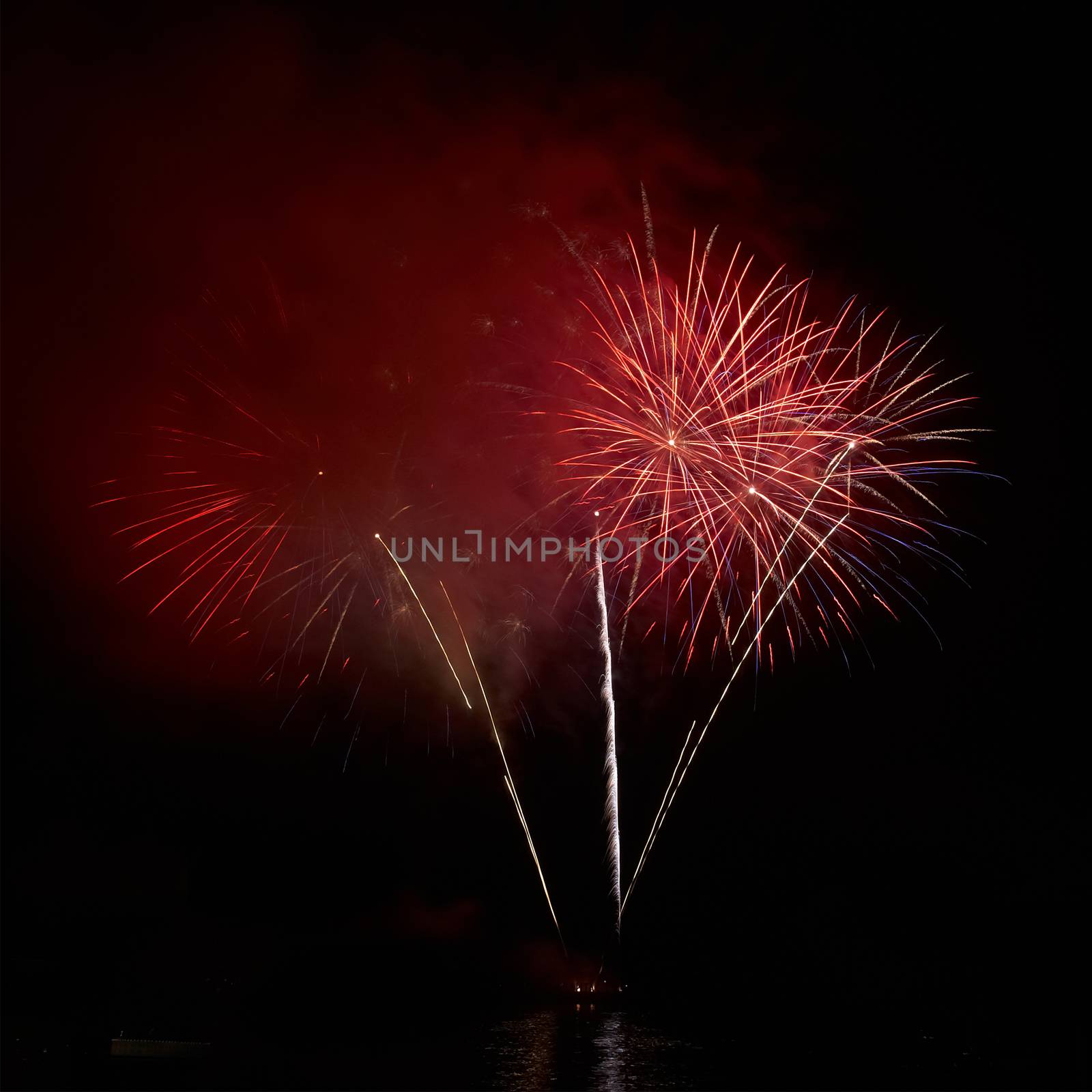 Colorful holiday fireworks on the black sky background.