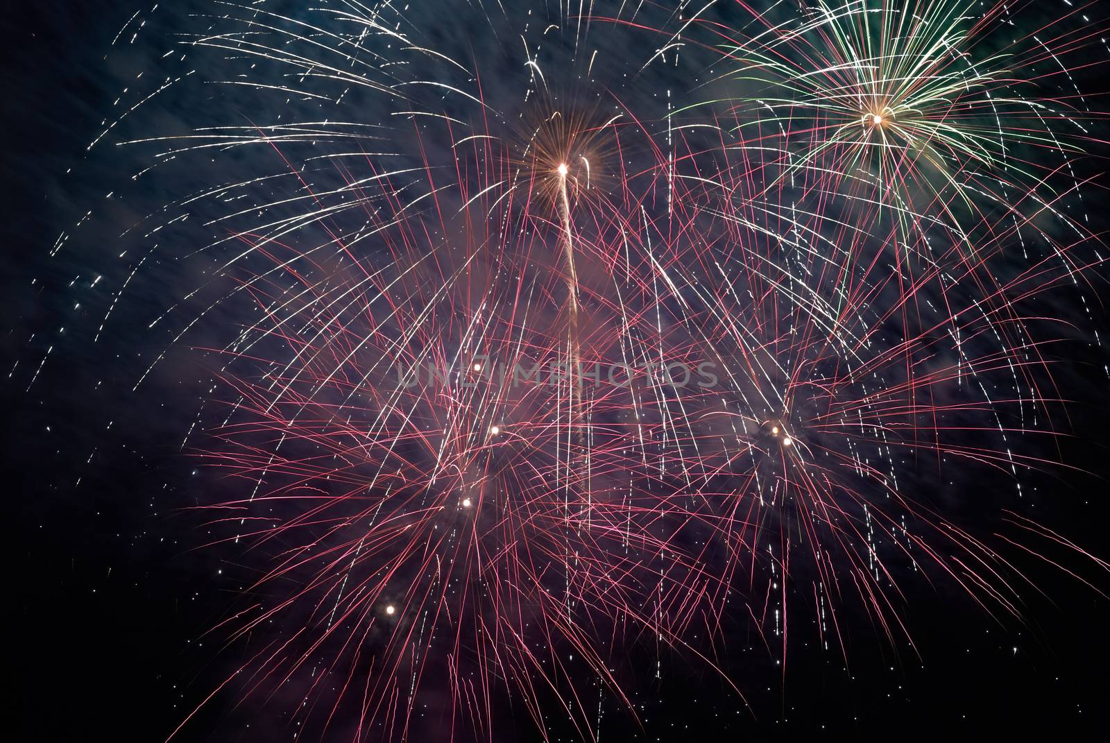 Colorful holiday fireworks on the black sky background.