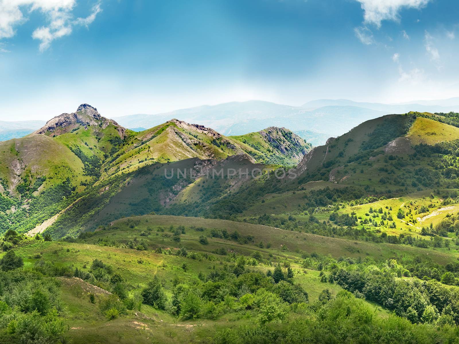 Green mountains covered with forest on the blue sky background. Panorama