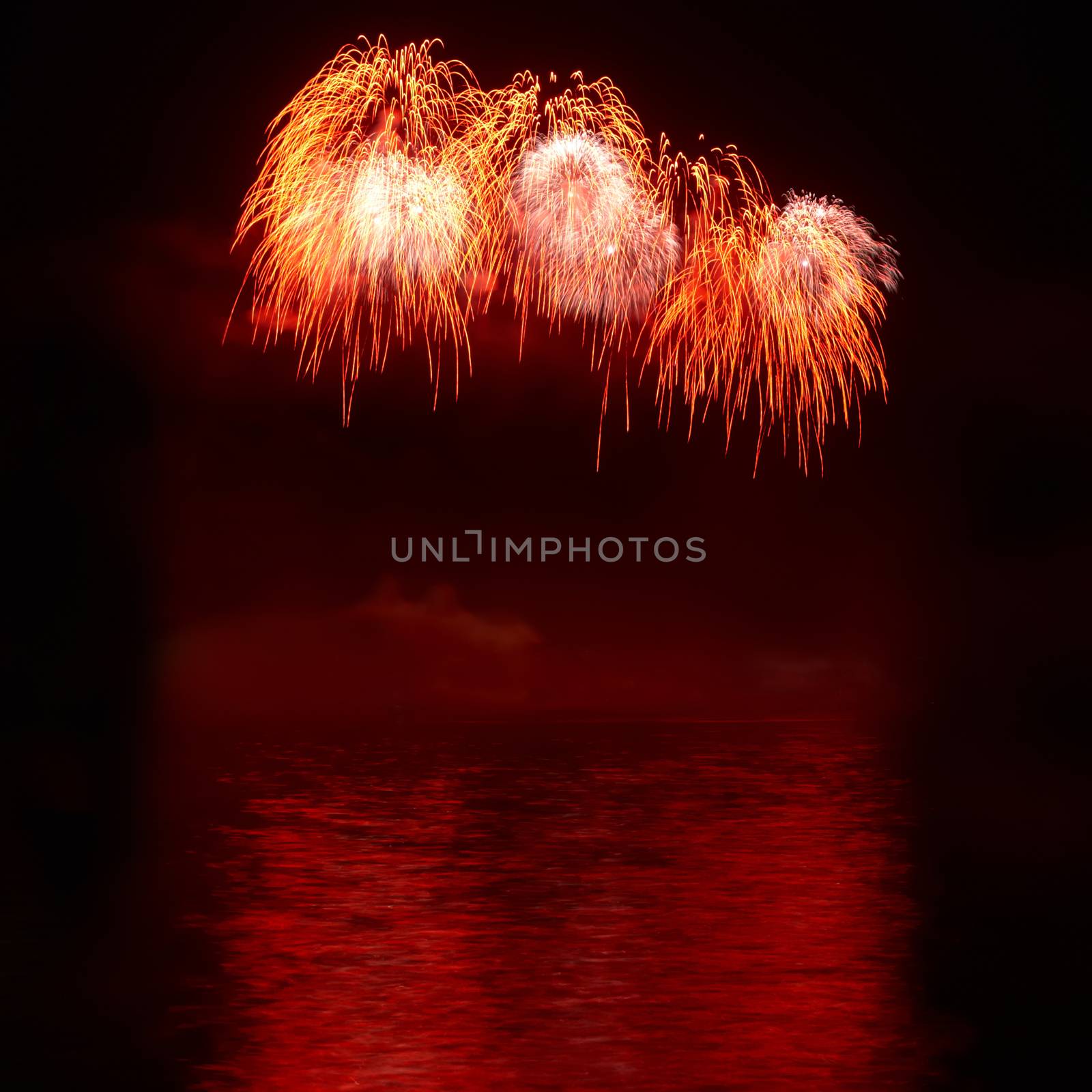 Red colorful holiday fireworks on the black sky background.