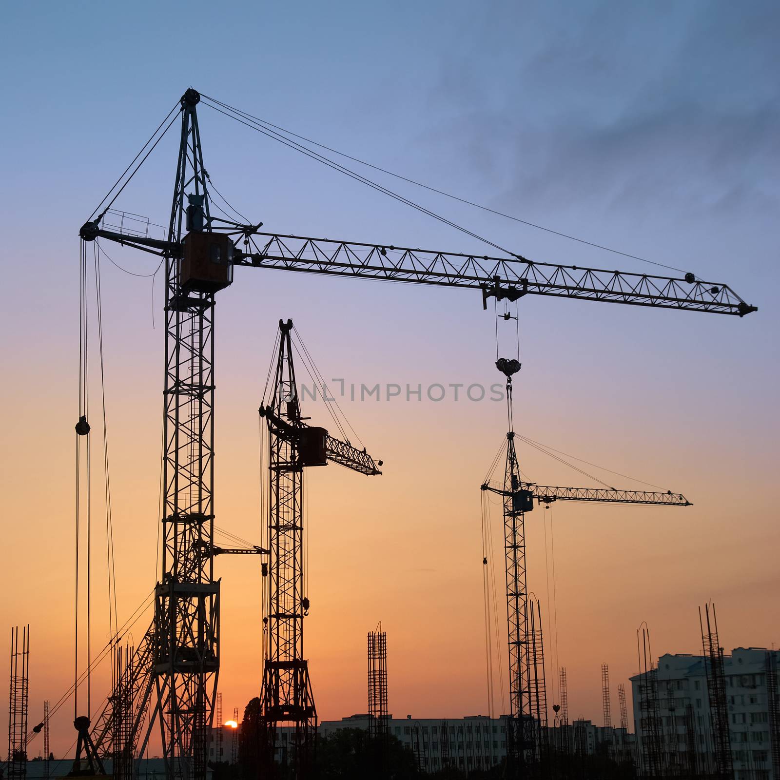 Industrial landscape with silhouettes of cranes on the sunset background