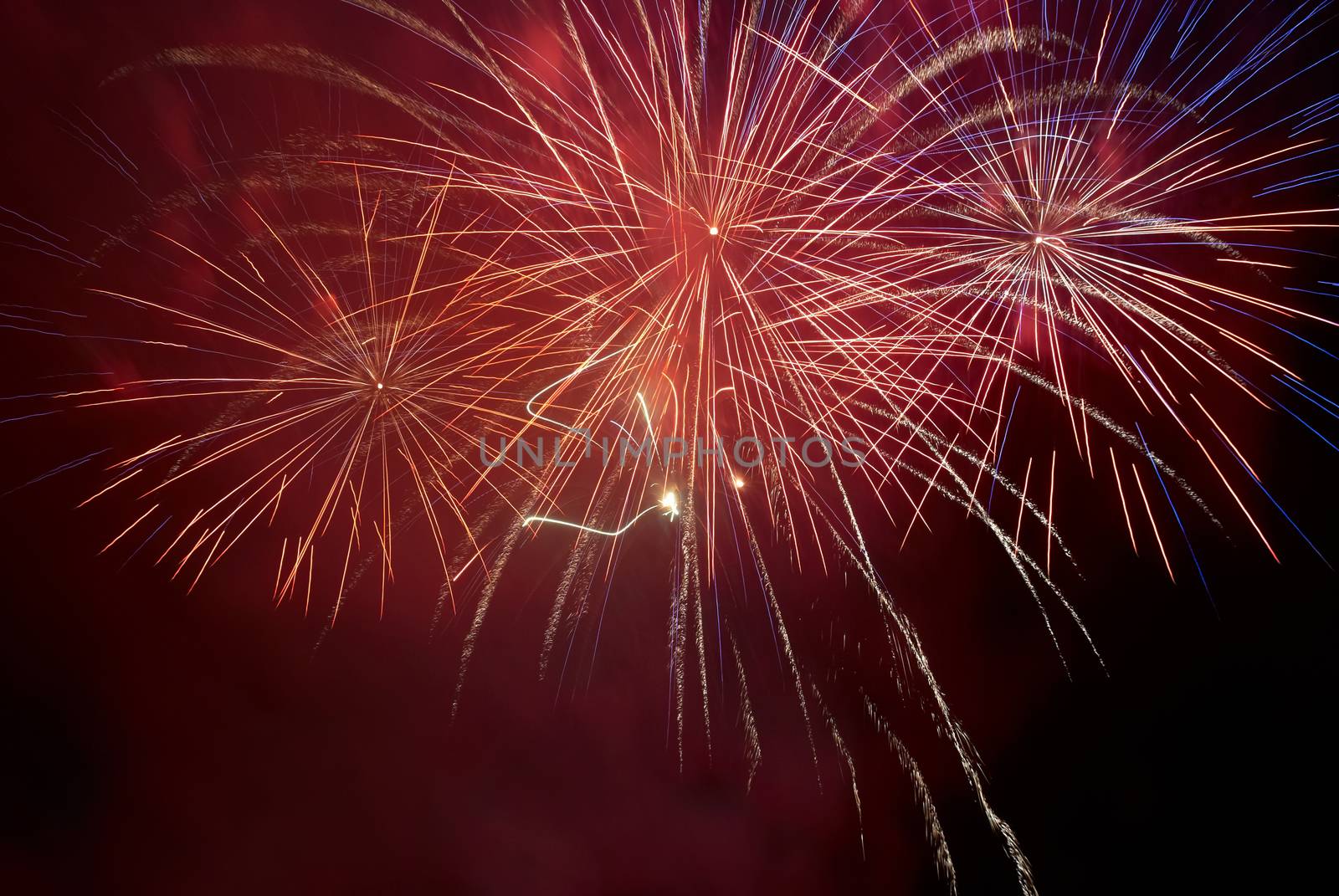 Red colorful fireworks on the black sky background. Holiday celebration.