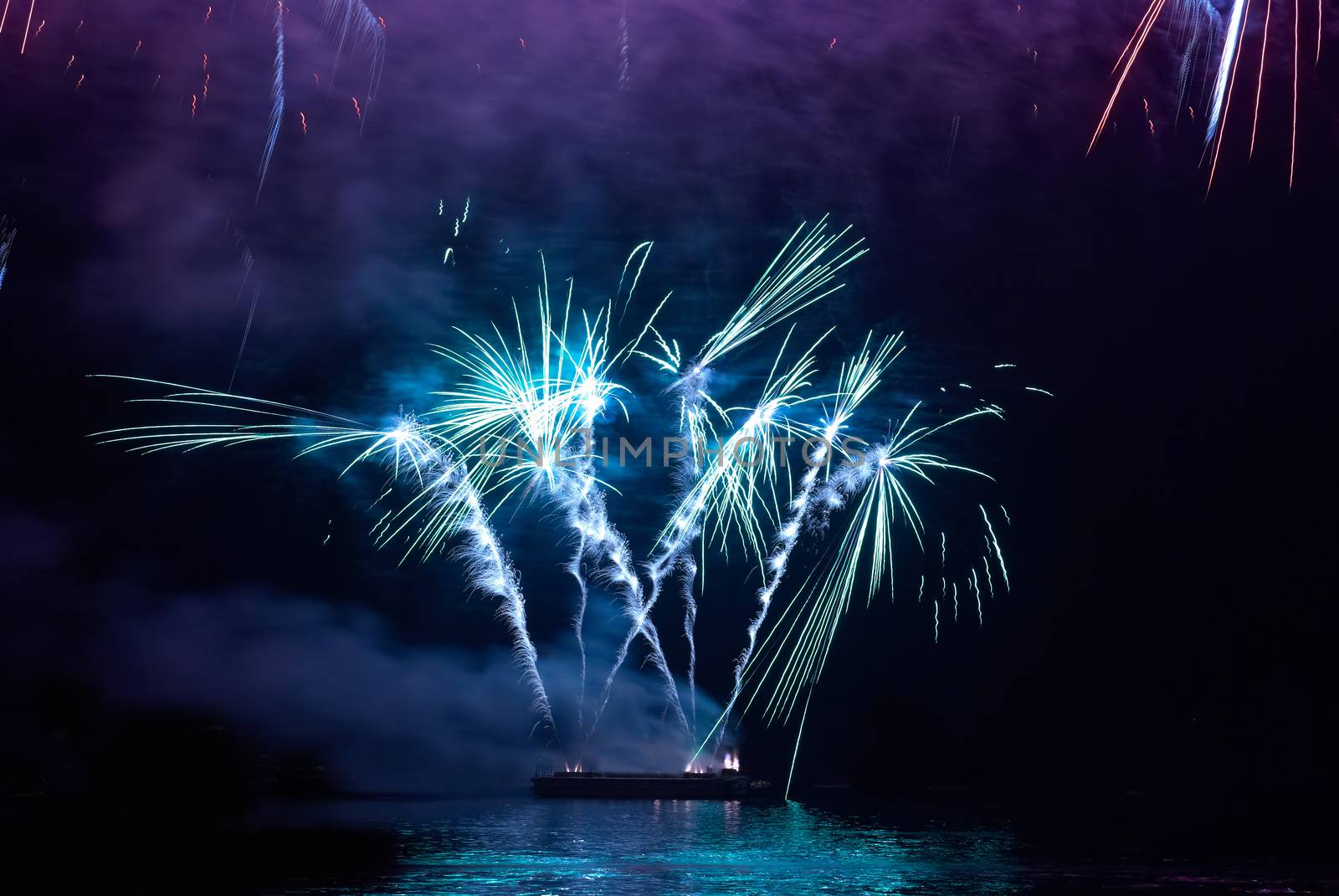 Blue colorful holiday fireworks on the black sky background.