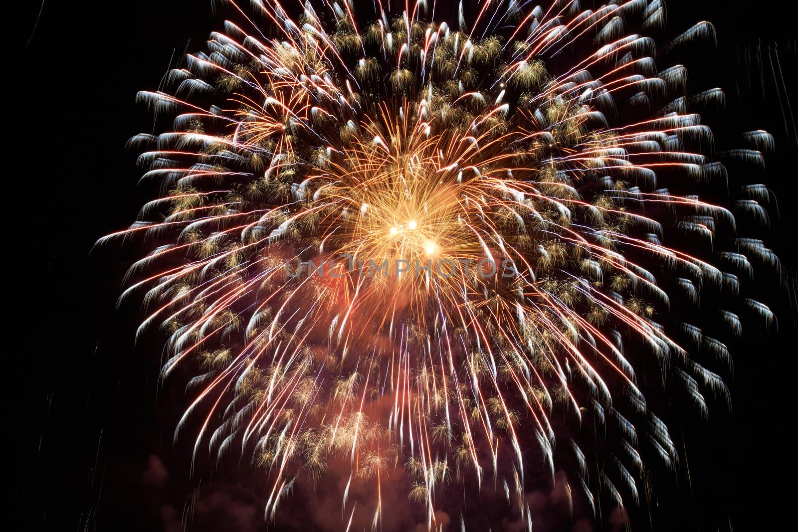 Red colorful holiday fireworks on the black sky background.