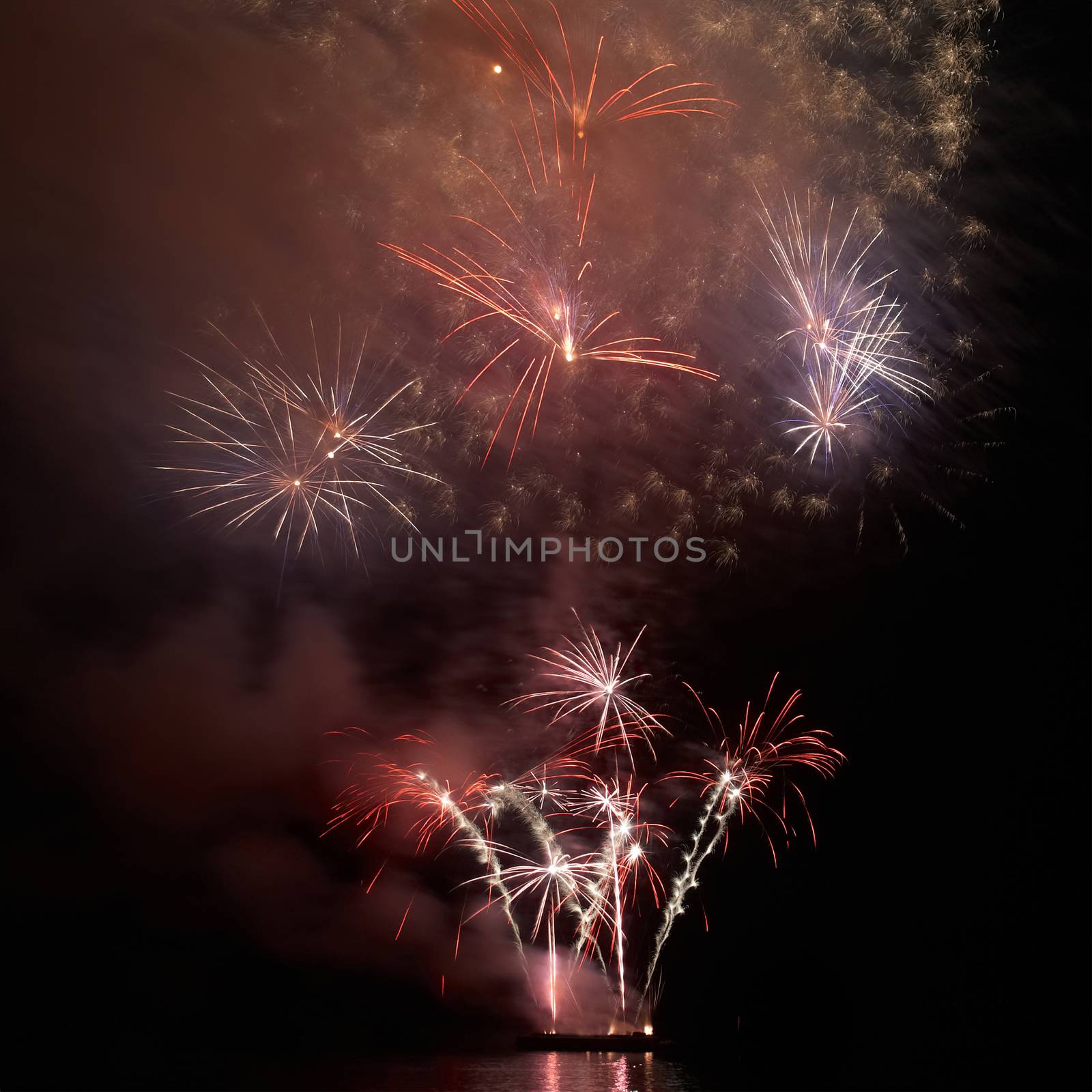 Colorful holiday fireworks on the black sky background.