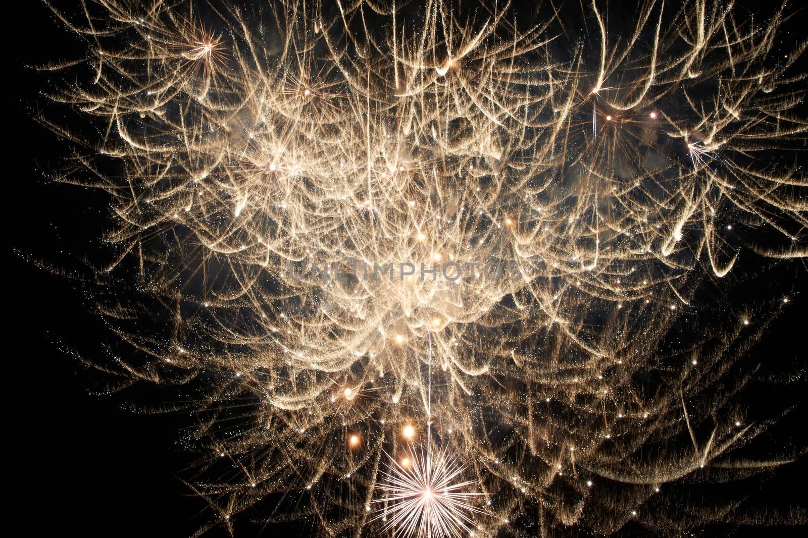 Red colorful holiday fireworks on the black sky background.