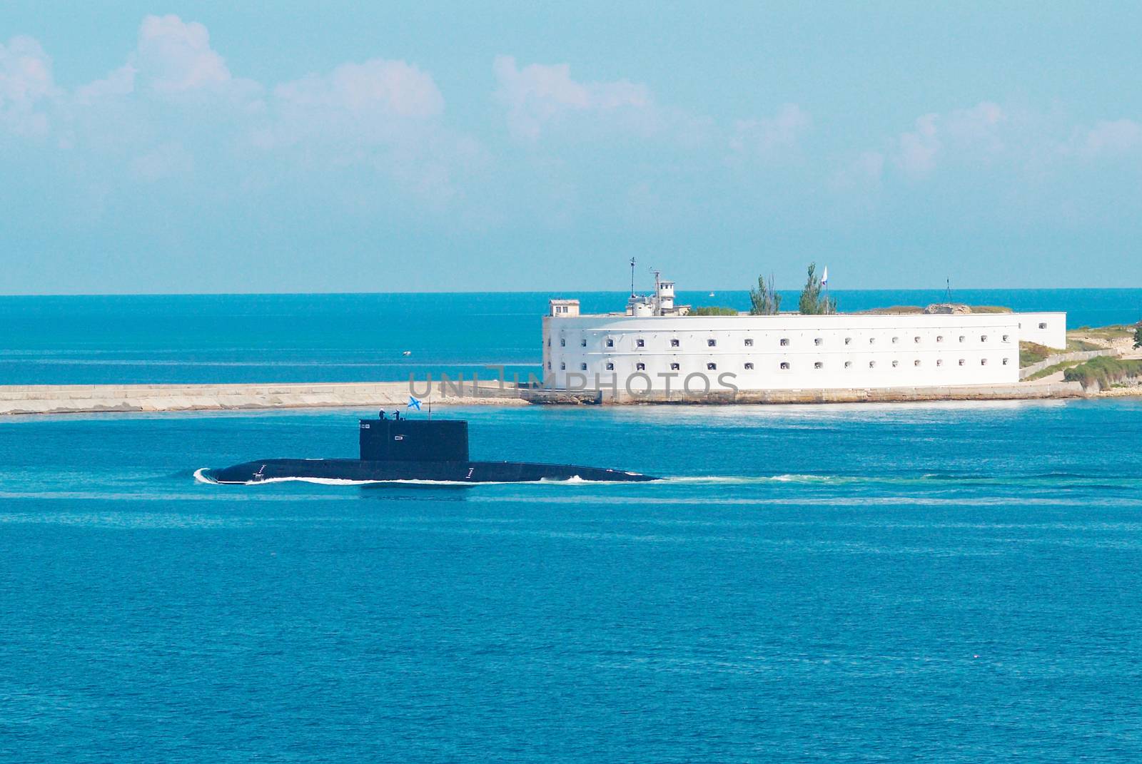 Russian submarine go out from the bay.