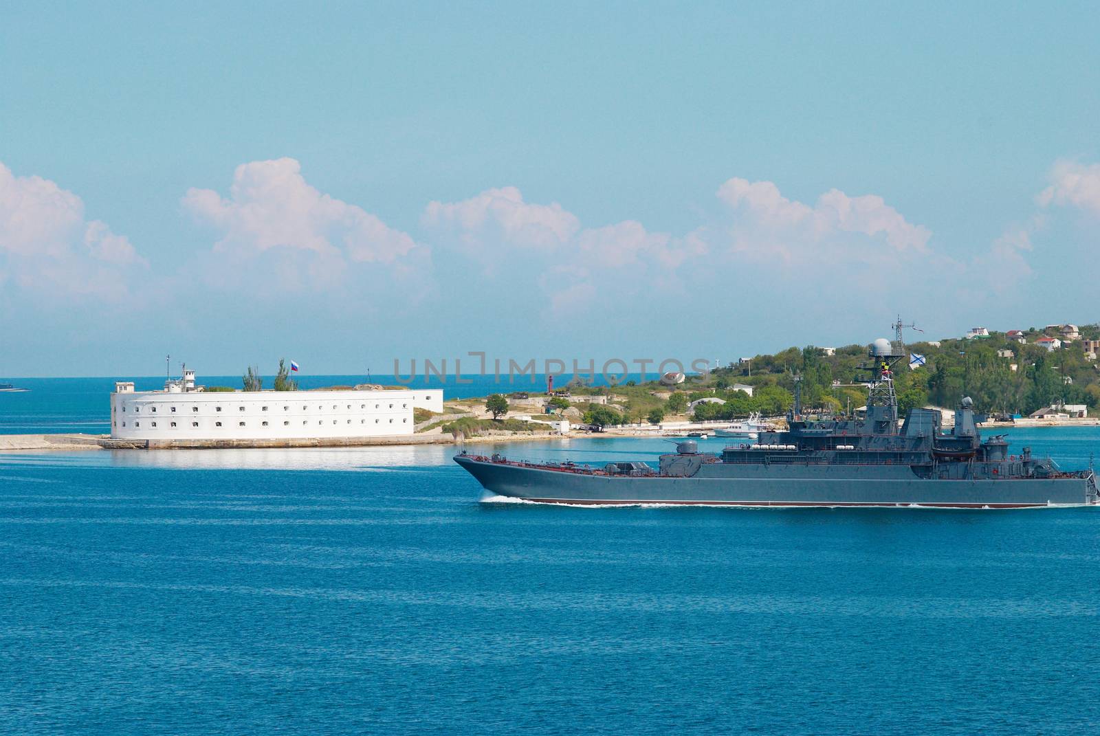 Russian warship go out from the bay.