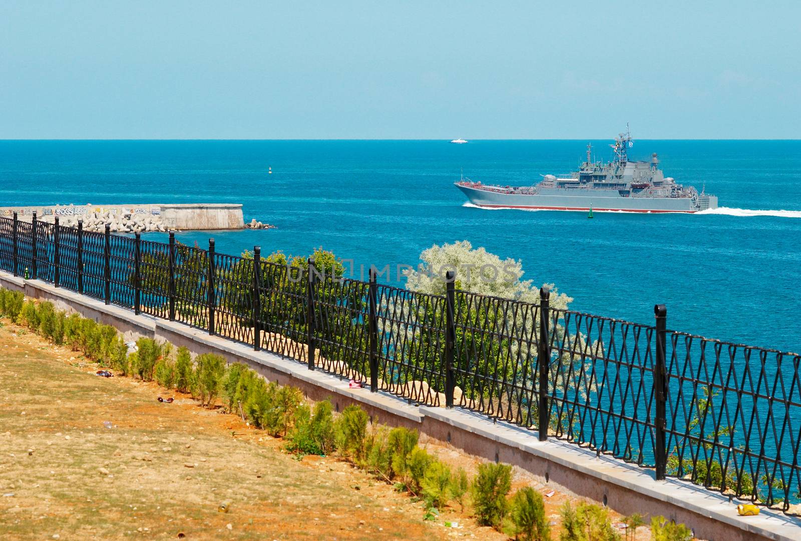 Russian warship go out from the bay.