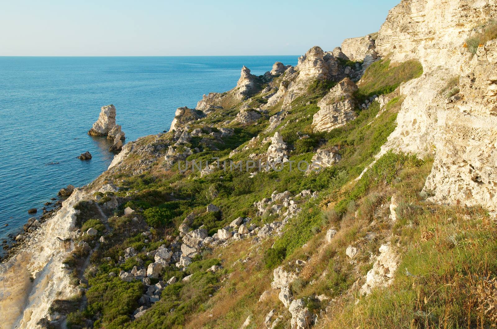 A coastline with many big rocks.