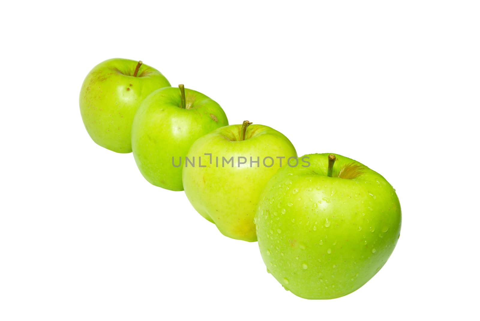 Row of green apples isolated on white.