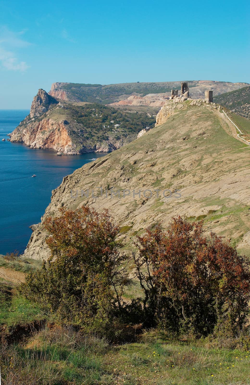 Sea landscape with rocks and tower. by vapi