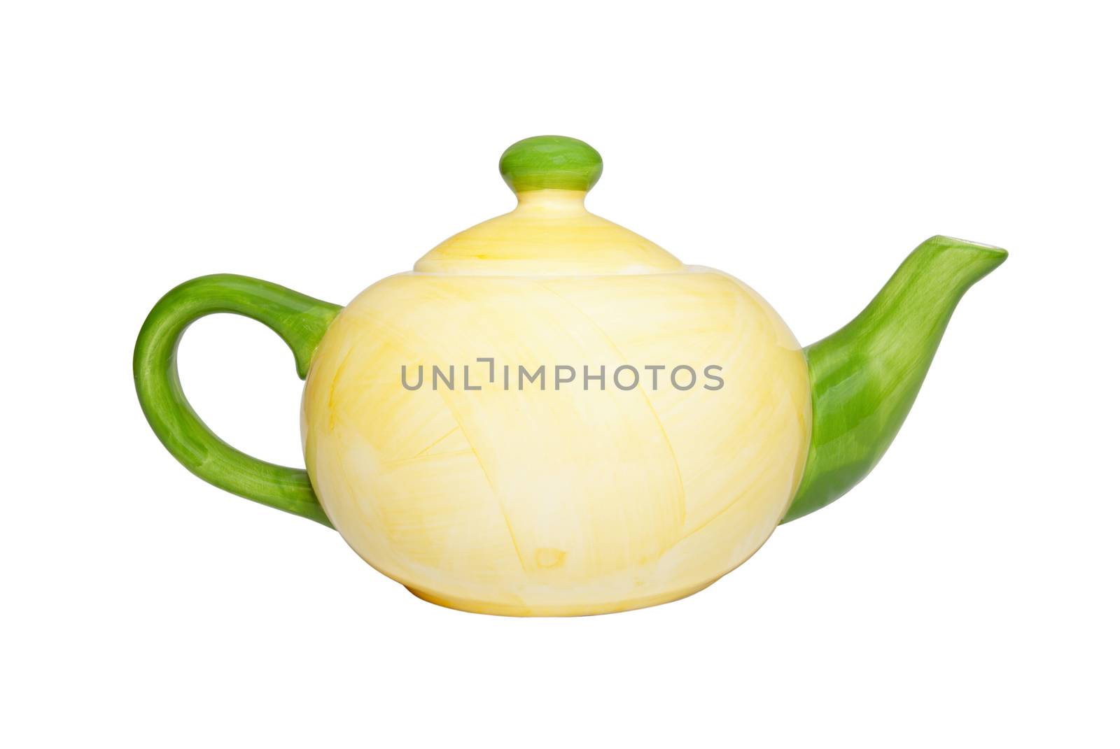 Color china teapot isolated on white.