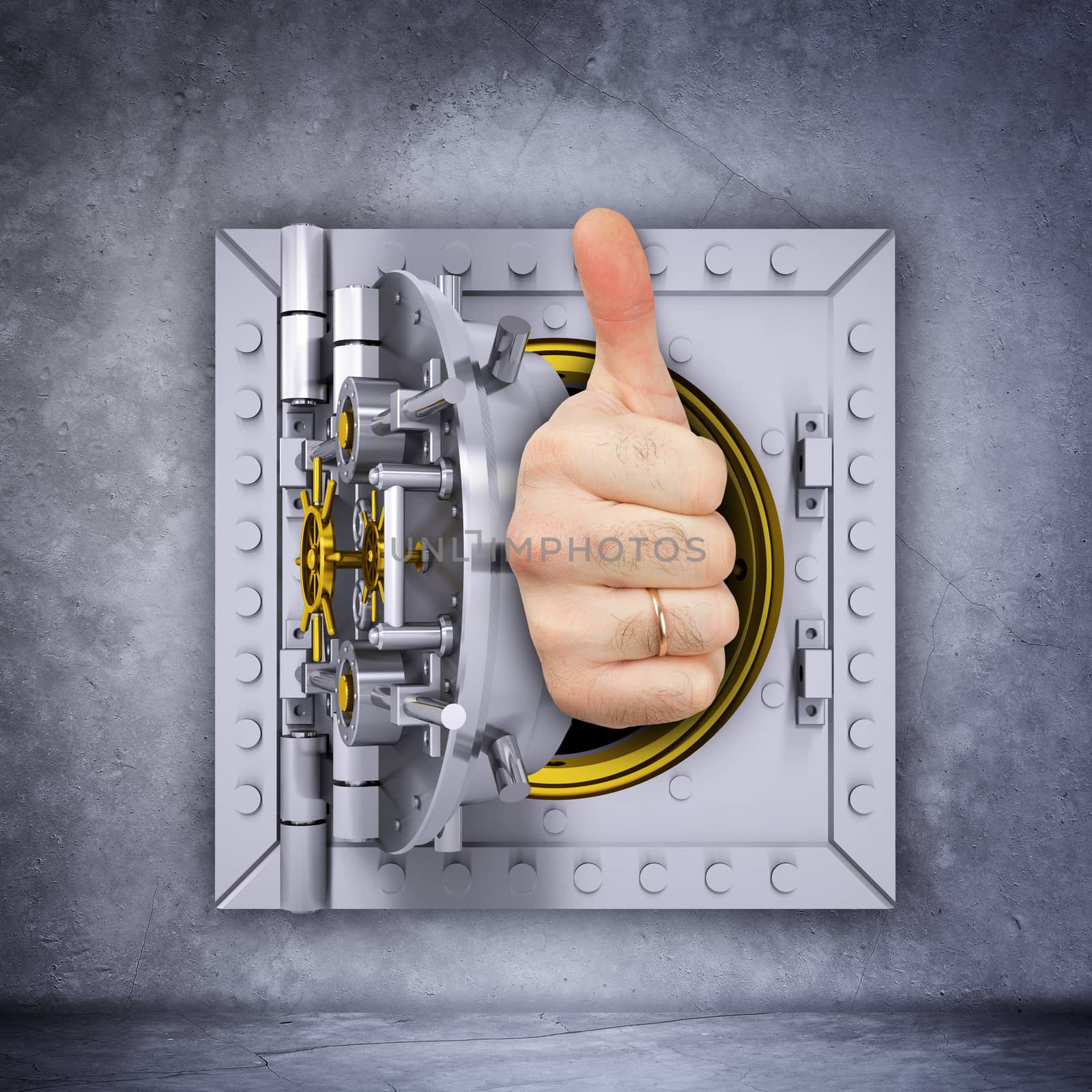 Businessmans hand showing ok through hole in safe