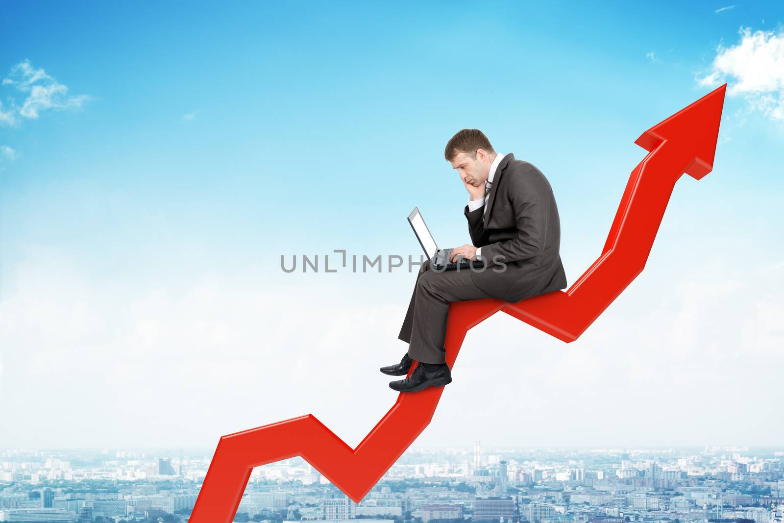 Sad businessman sitting on big red arrow by cherezoff