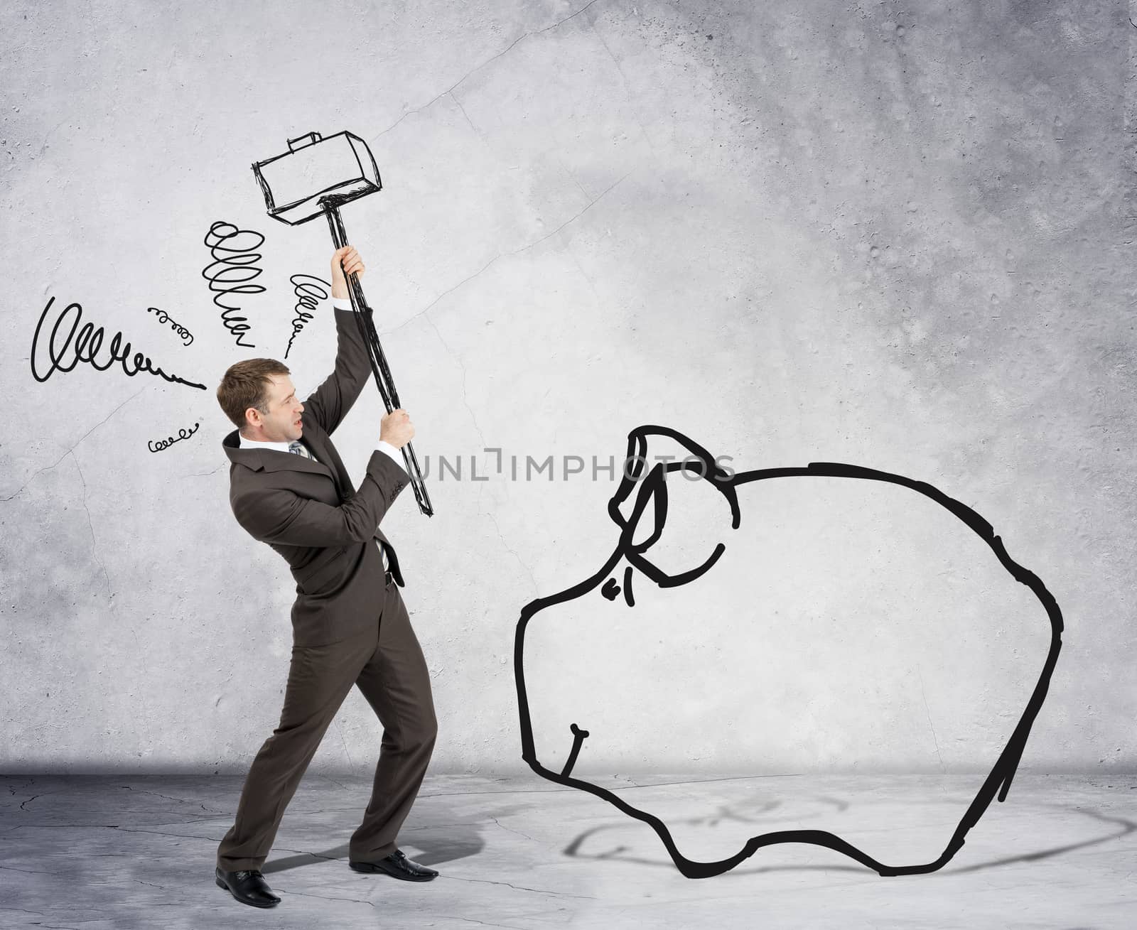 Businessman with hammer and piggy bank on grey wall background, side view