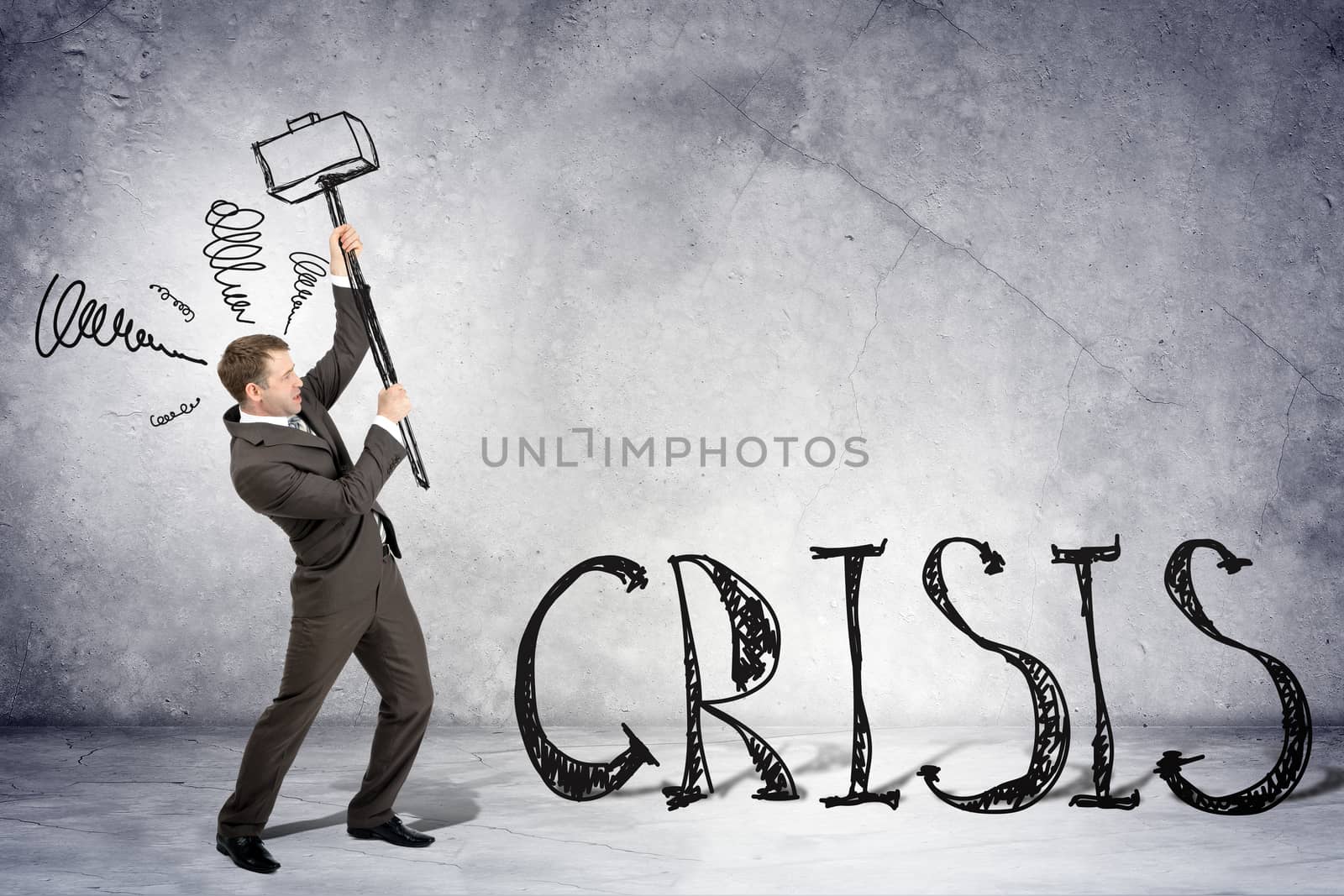 Businessman with hammer and word crisis by cherezoff