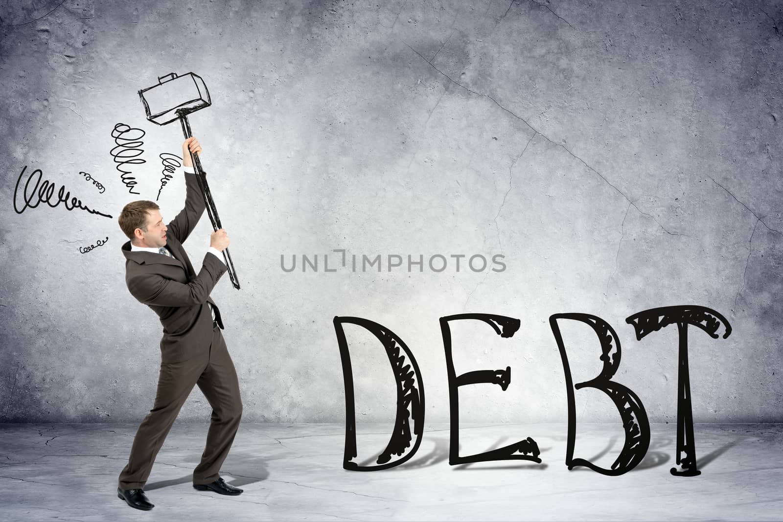 Businessman with hammer and word debt by cherezoff