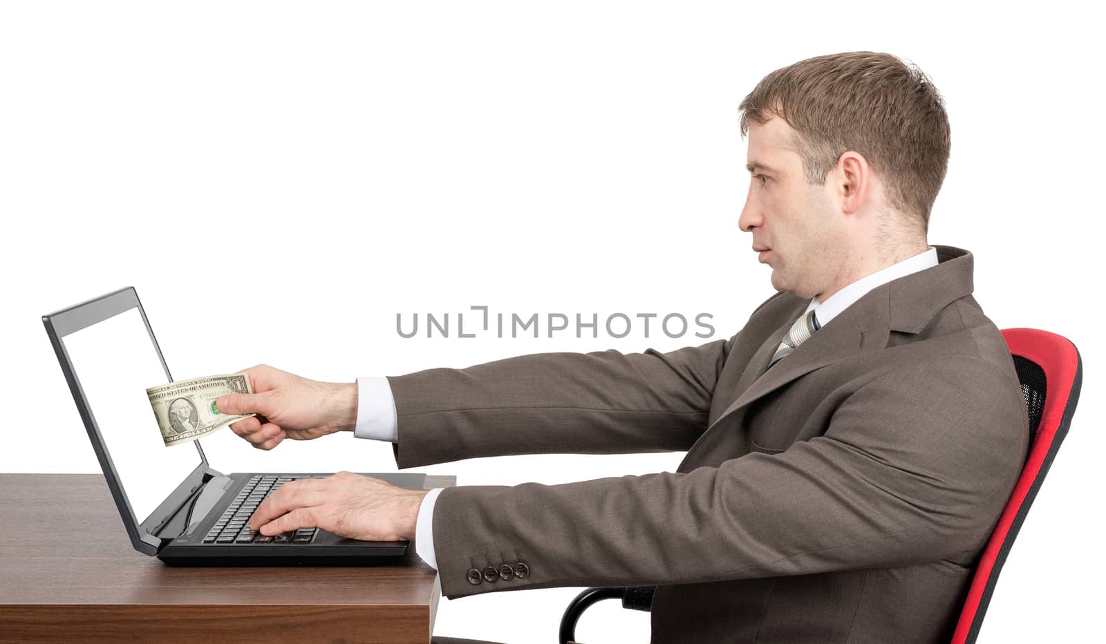 Businessman giving to laptop with blank screen cash isolated on white background