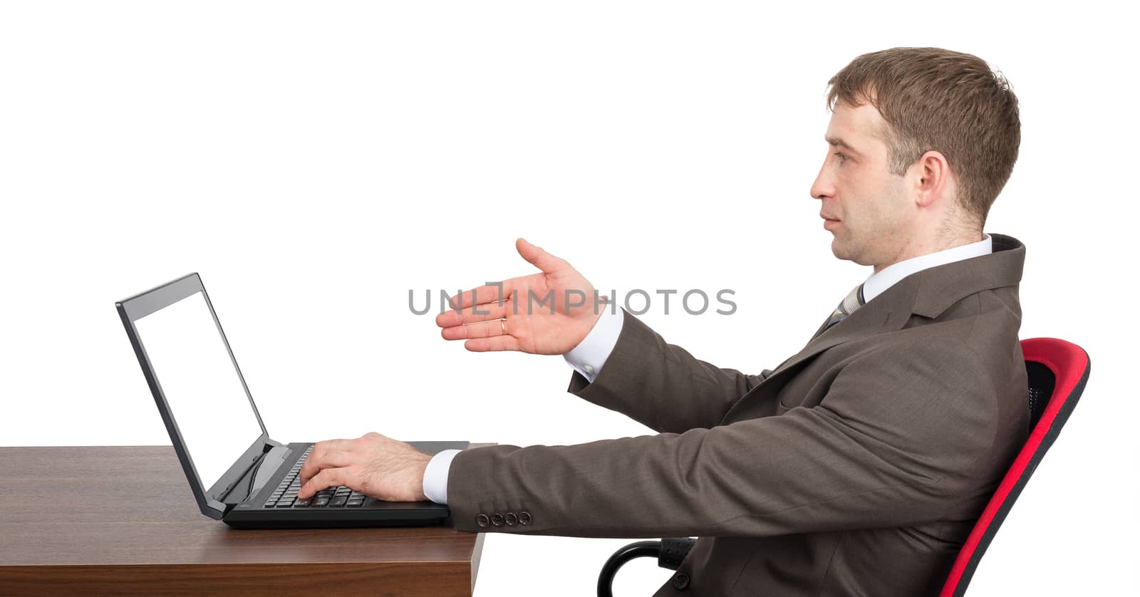 Businessman working on laptop with empty screen isolated on white background