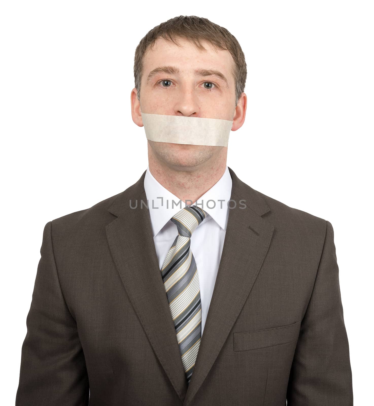 Businessman with tape over his mouth by cherezoff