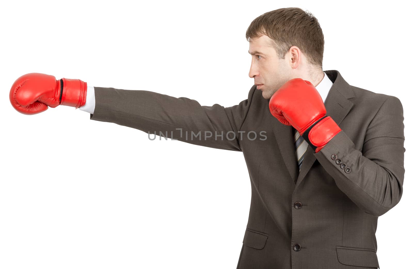 Businessman in red boxing gloves isolated on white background