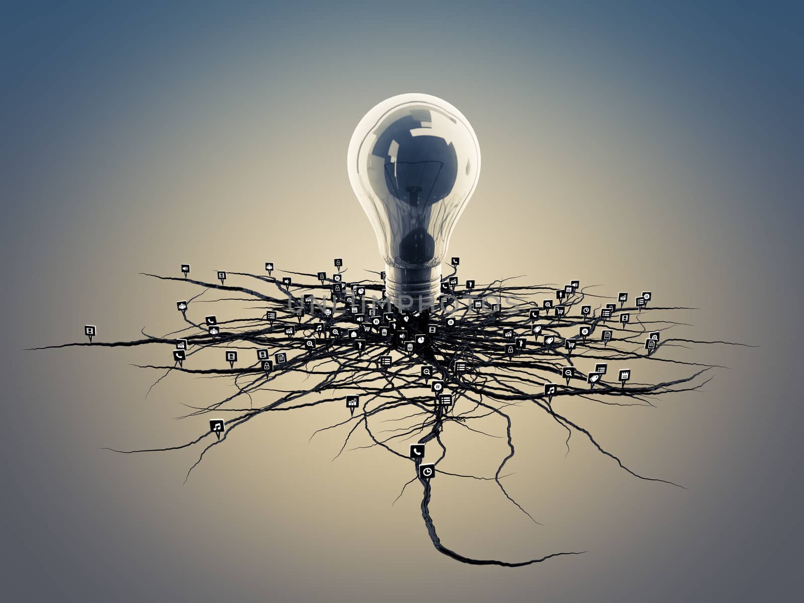 Light bulb with roots and emerged on the icon with roots, concept