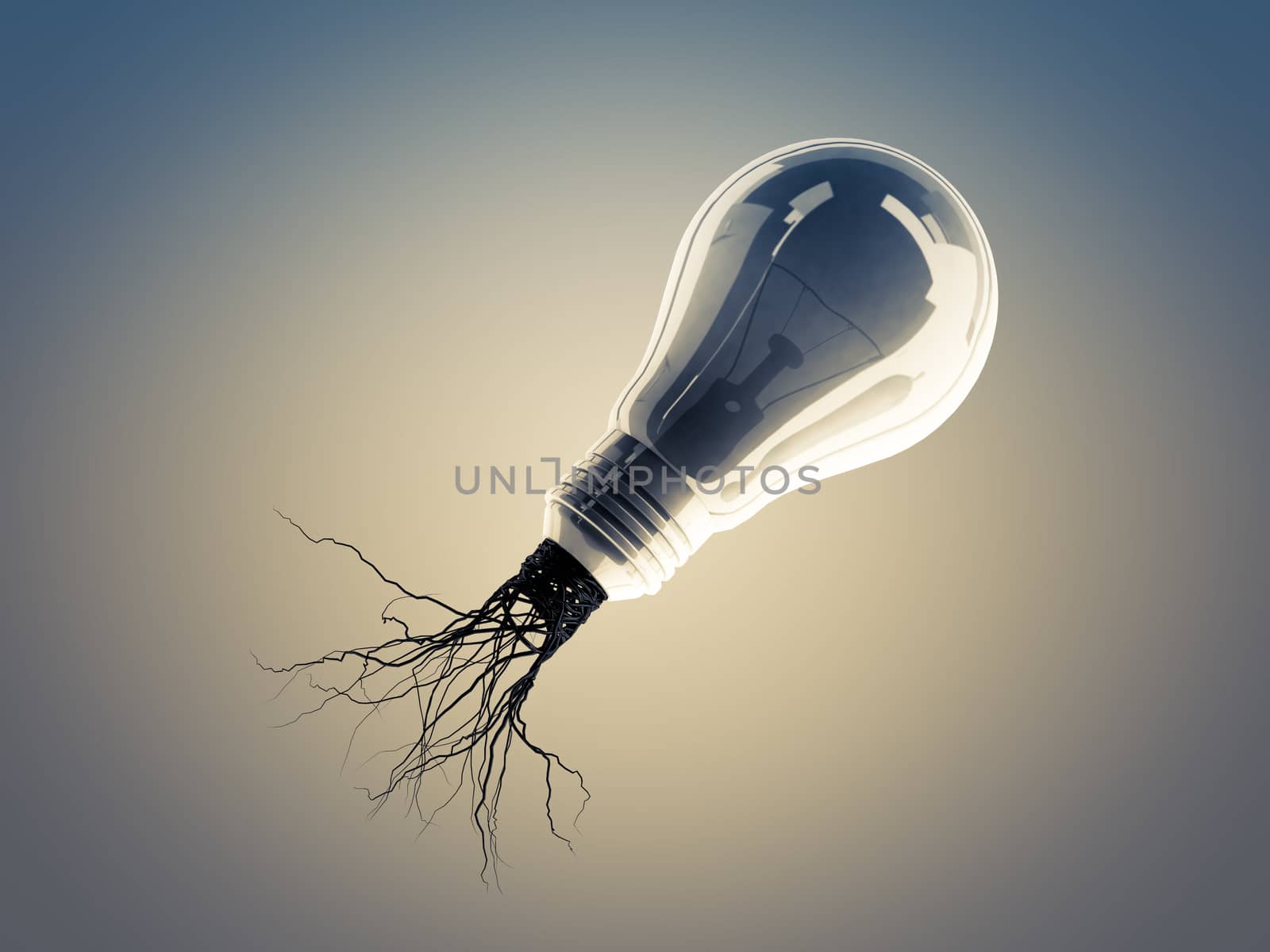 Light bulb with roots and emerged on the icon with roots, concept