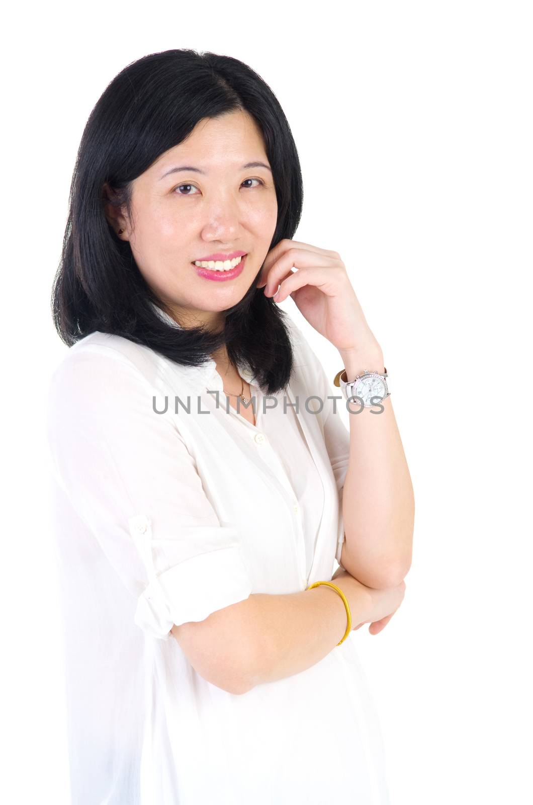 Asian mature woman smiling happy portrait. Beautiful mature middle aged Chinese Asian woman isolated on white background.