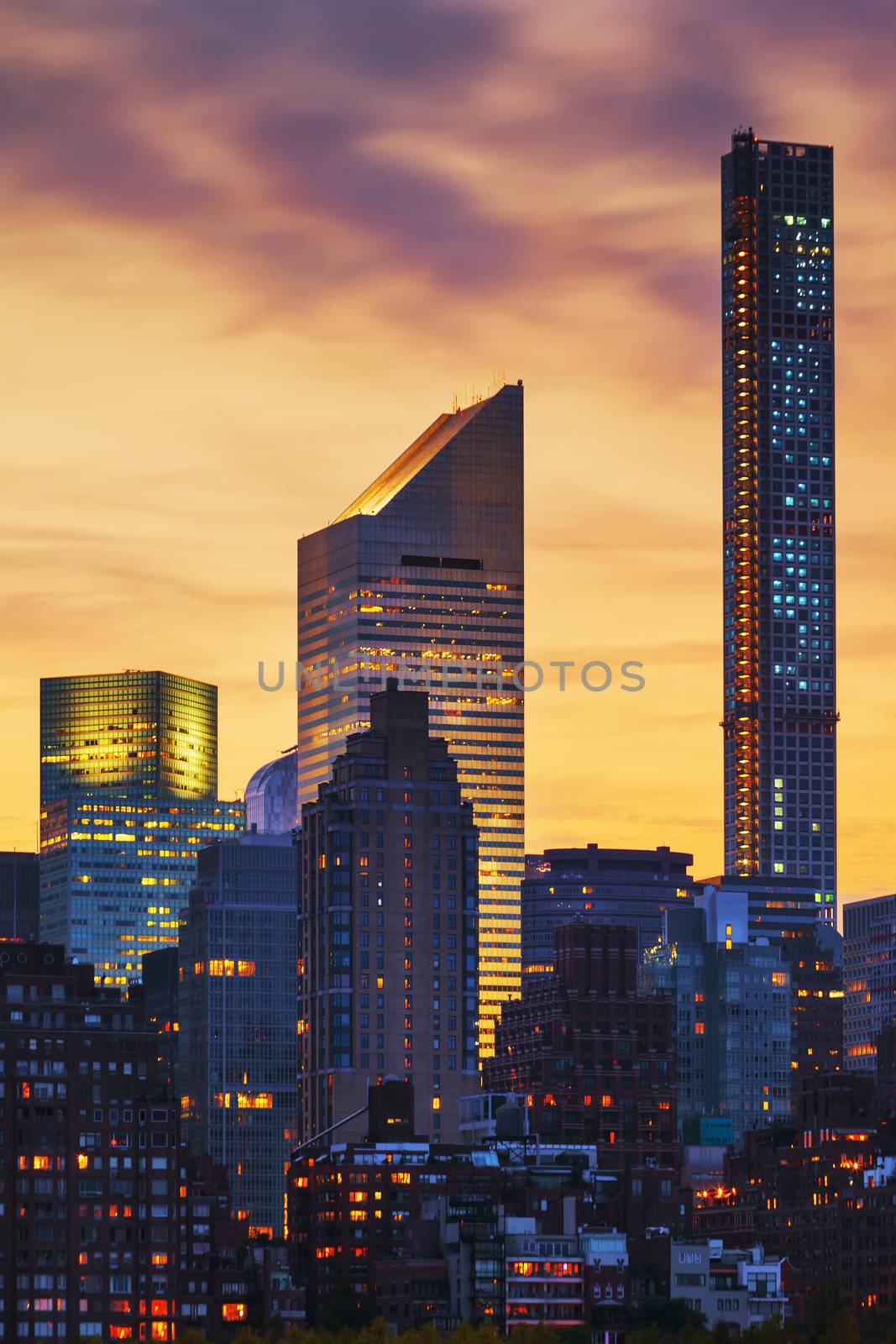 New York skycraper at sunset, USA.