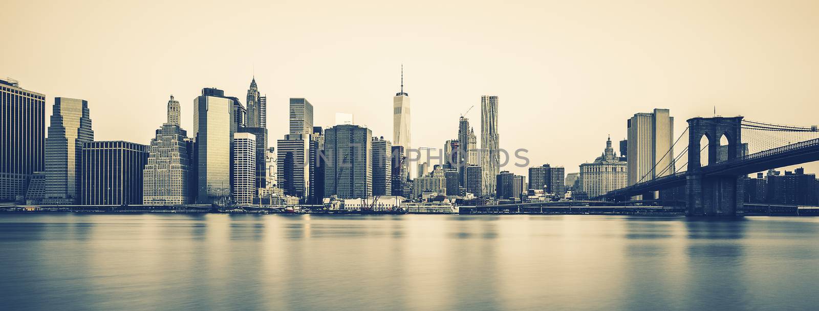 Panoramic view of New York City Manhattan midtown at dusk, special photographic processing