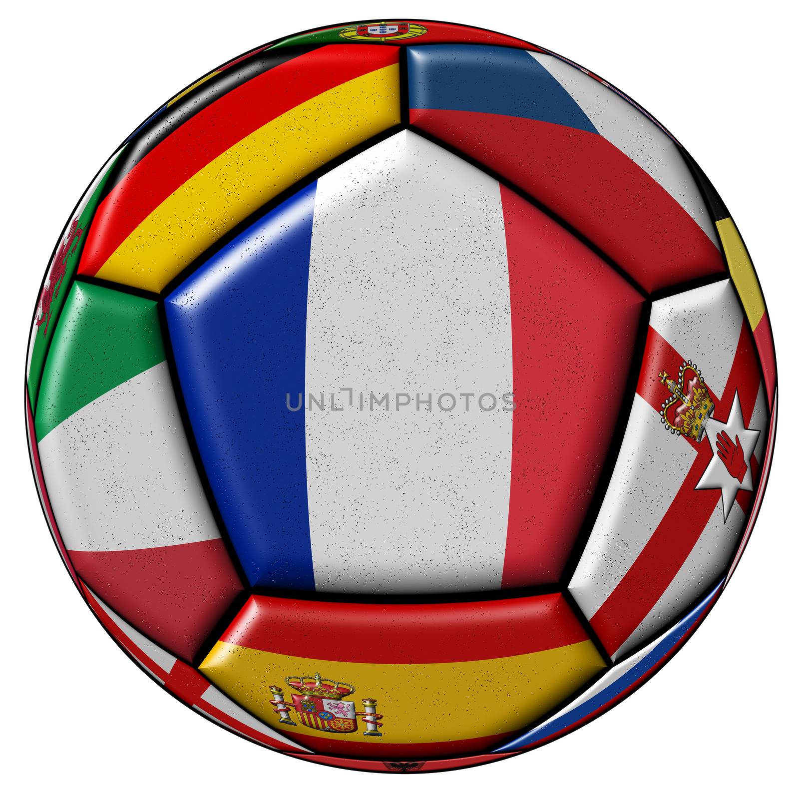 Soccer ball on a white background with flags of European countries - flag of France in the center