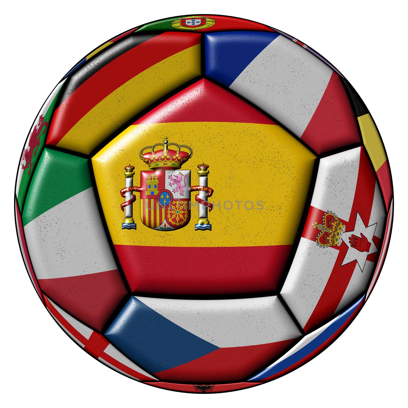 Soccer ball on a white background with flags of European countries - flag of Spain in the center