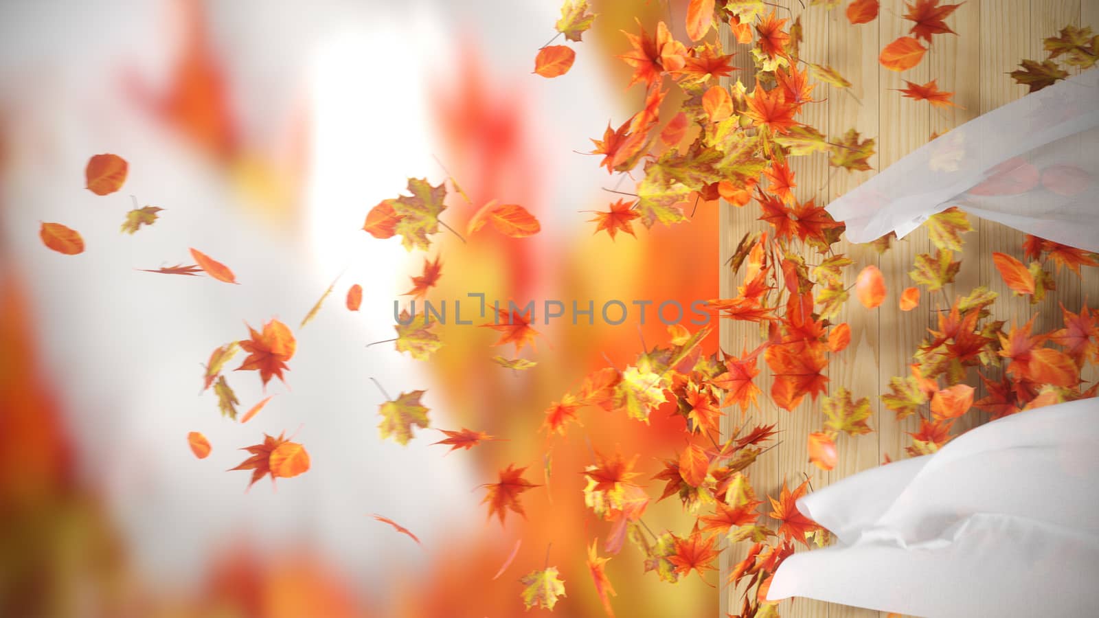 falling and winding Autumn Leaves with curtains background by denisgo